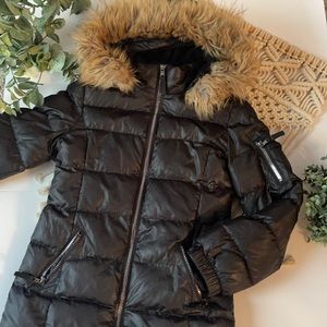 JUSTICE GIRLS BLK FAUX FUR TRIM HOOD PUFFER WINTER COAT JACKET SZ 10